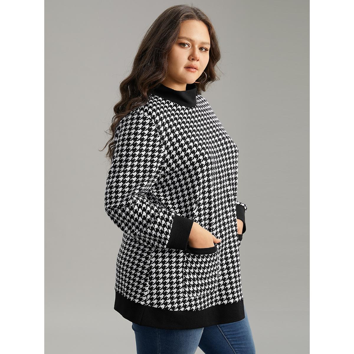 Plus Size Houndstooth Patched Pocket Mock Neck Sweatshirt Women Black Casual Contrast Mock Neck Dailywear Sweatshirts BloomChic 14-16/1X Product Image