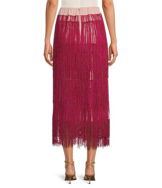 Buru Color Block Elastic-Back Waist Fringe Midi A-Line Skirt Product Image
