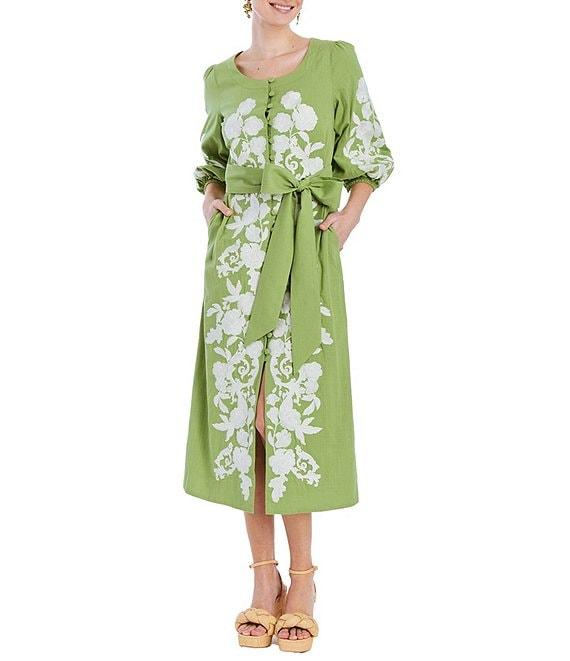 Mestiza New York Suzanna Linen Floral Applique Scoop Neck Elbow Sleeve Midi Dress Product Image