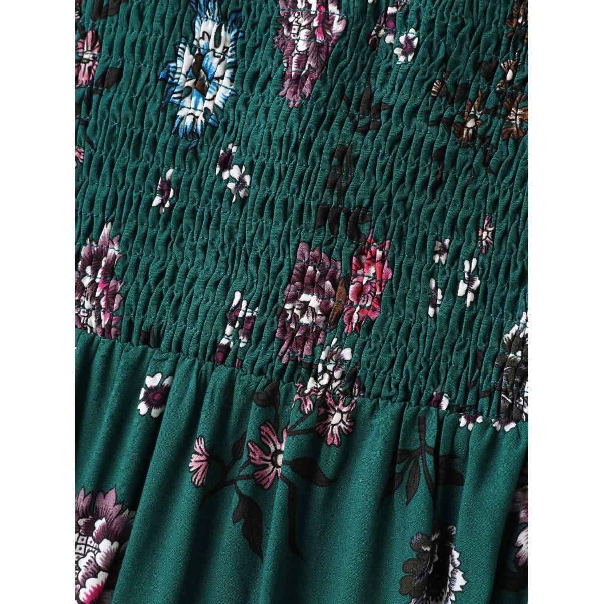 Plus Size Dark Floral Print Shirred Bodice Midi Dress DarkGreen Women Timeless Shirred Square Neck Half Sleeve Curvy BloomChic 14-16/1X Product Image