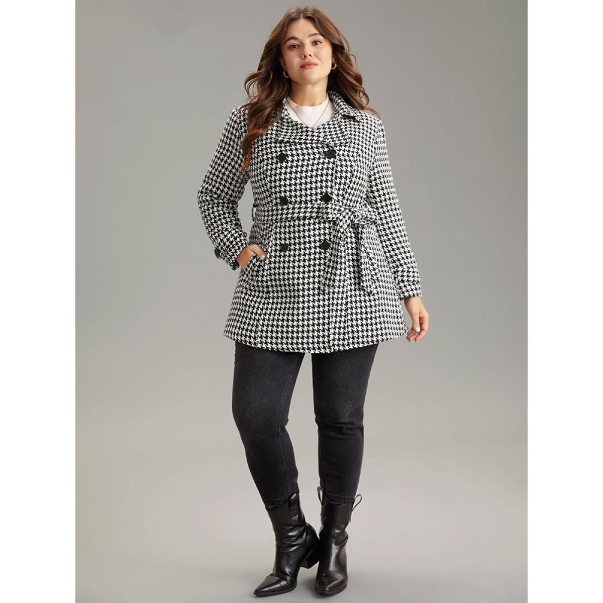 Plus Size Houndstooth Double Breasted Belted Coat Women Black Casual Lined Ladies Dailywear Winter Coats BloomChic 12/L Product Image