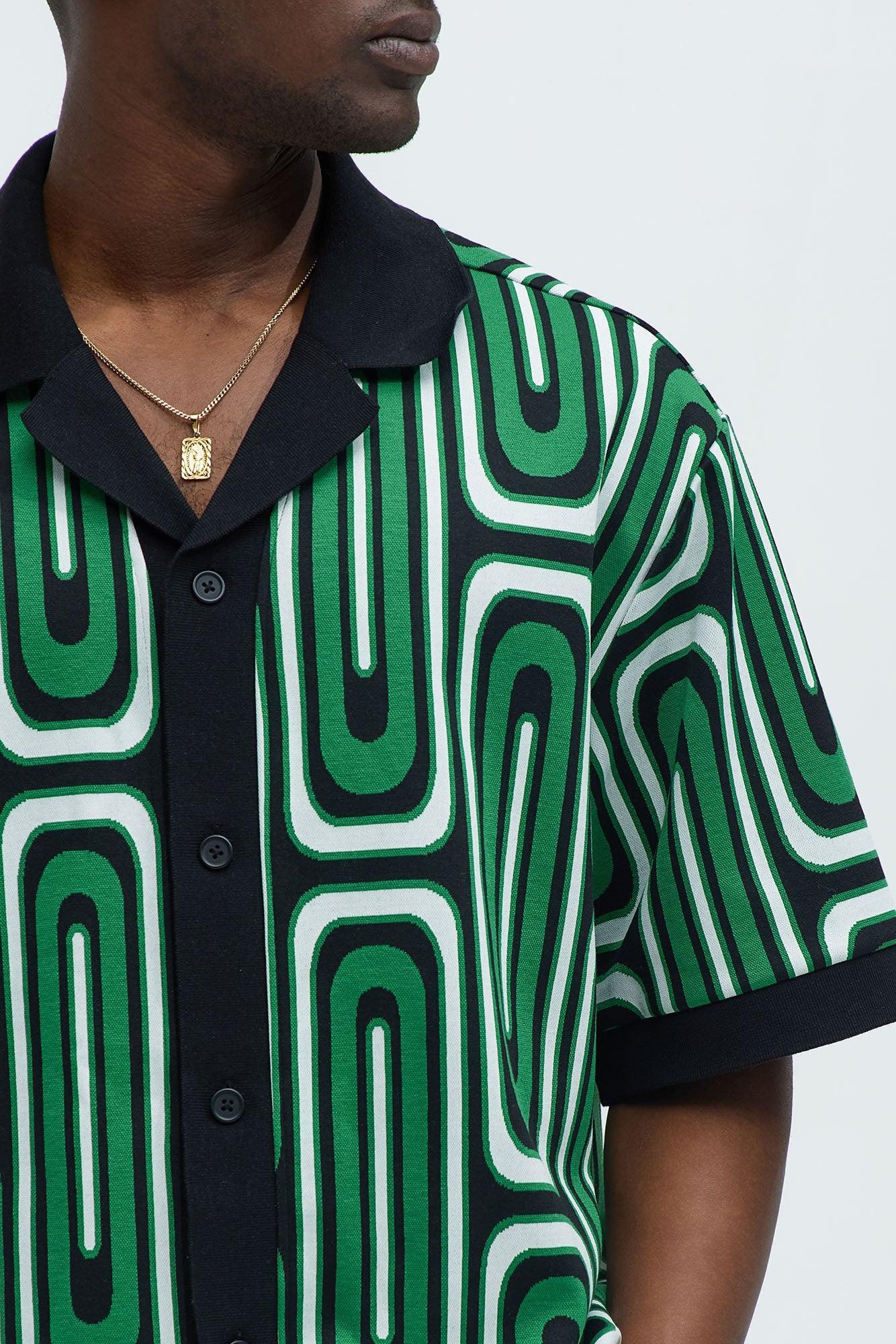 Jack Retro Pattern Cuban Collar Shirt - Green/combo Product Image