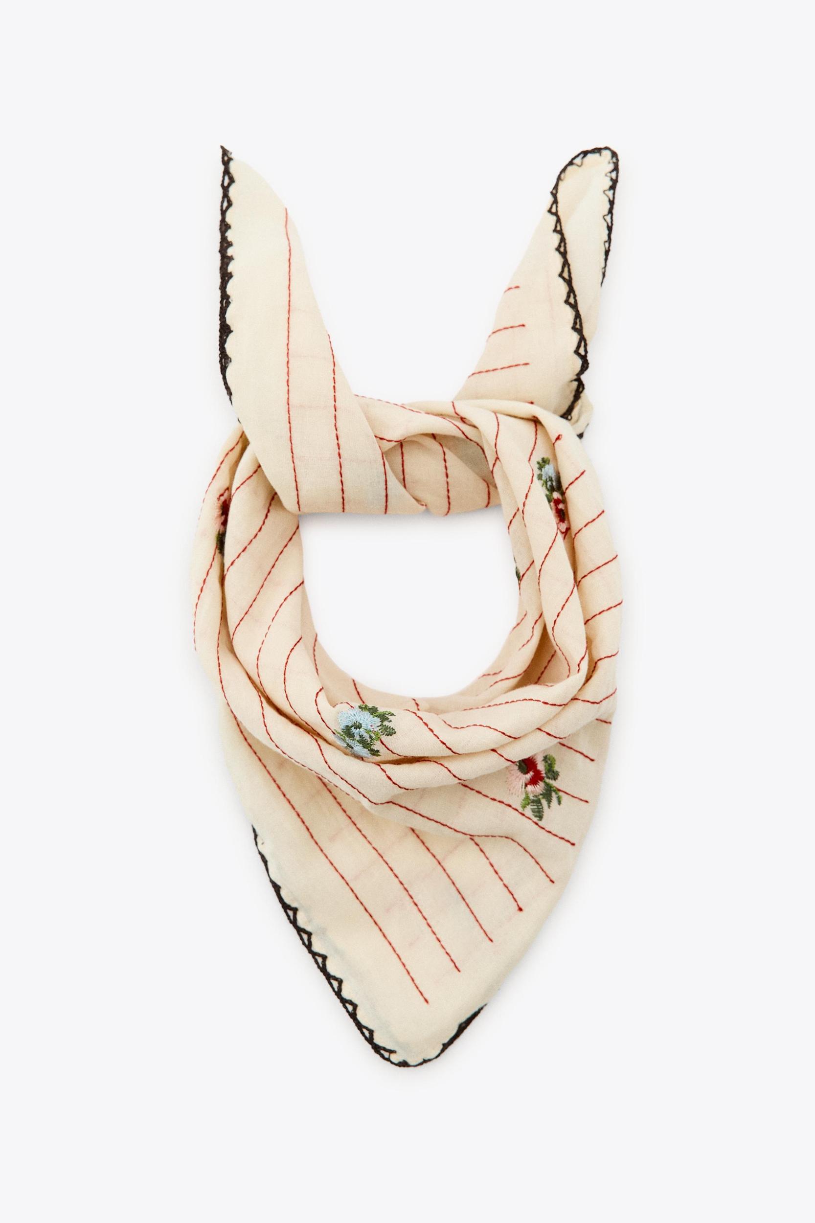 STRIPED SCARF WITH EMBROIDERED FLOWERS Product Image