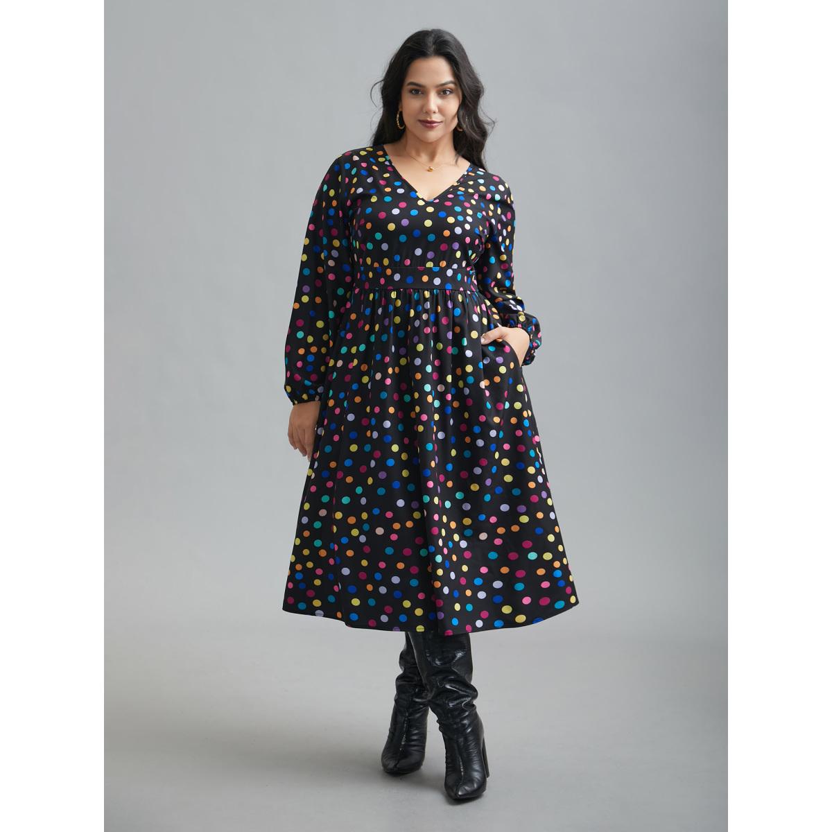 Plus Size Multi-Color Polka Dot Stretchy-Waist Dress Black Women Elegant Non V-neck Long Sleeve Curvy BloomChic 14-16/1X Product Image