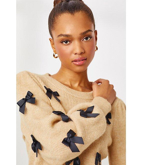 Lilly Pulitzer Zarie Fluffy Ribbed Knit Crew Neck Long Blouson Sleeve Bow Trim Sweater Product Image