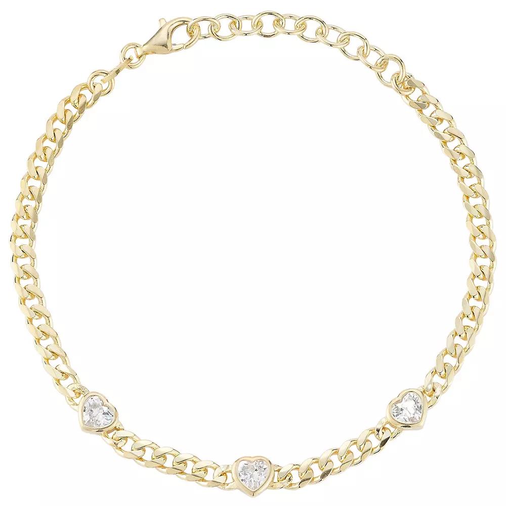 Sunkissed Sterling Cubic Zirconia Tri-Heart Curb Chain Bracelet, Women's, Size: 7", Gold Tone Product Image