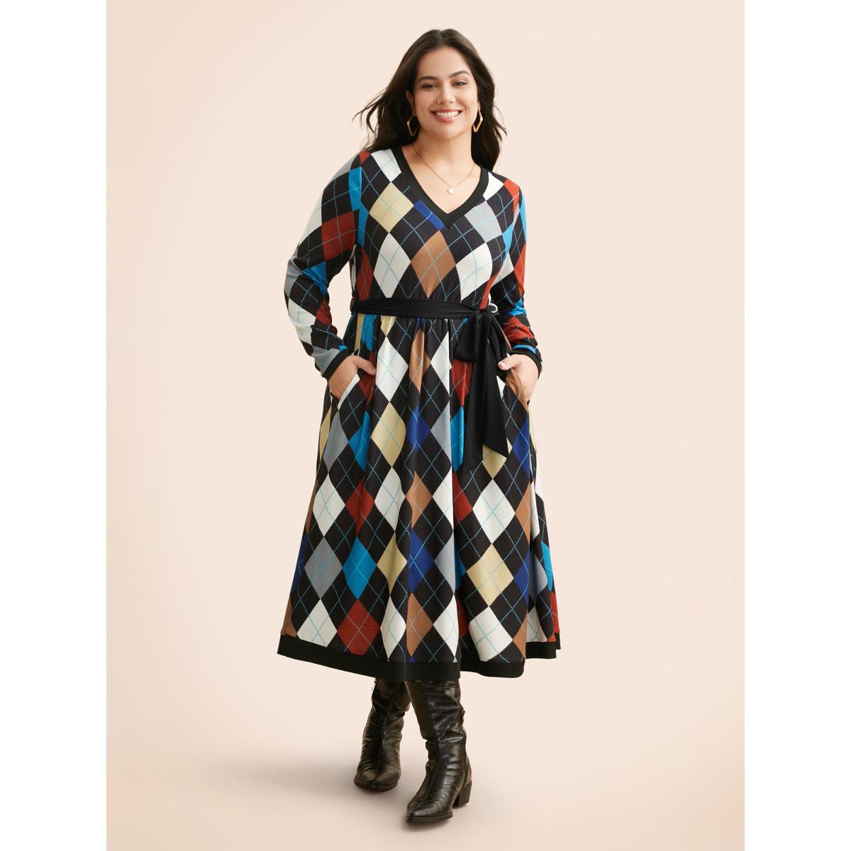 Plus Size V Neck Colorblock Contrast Belted Dress Multicolor Women Casual Belted V-neck Long Sleeve Curvy BloomChic 26/4X Product Image