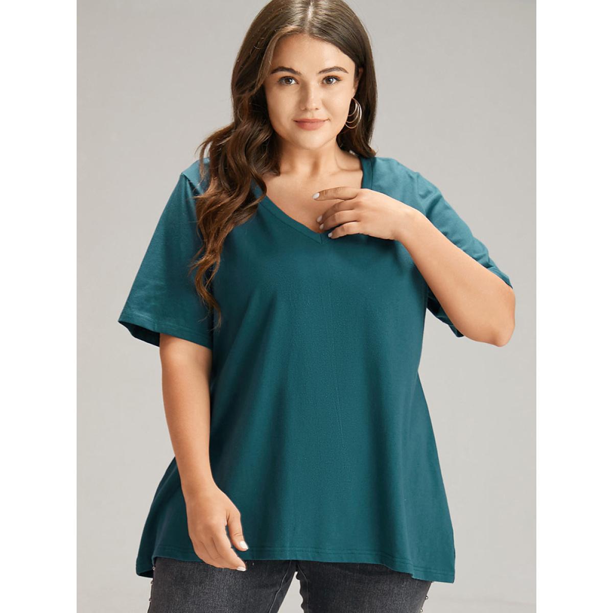 Plus Size Cotton Plain V Neck Basic T-shirt DarkSlateGray Women Casual Plain Plain V-neck Dailywear T-shirts BloomChic 30/6X Product Image