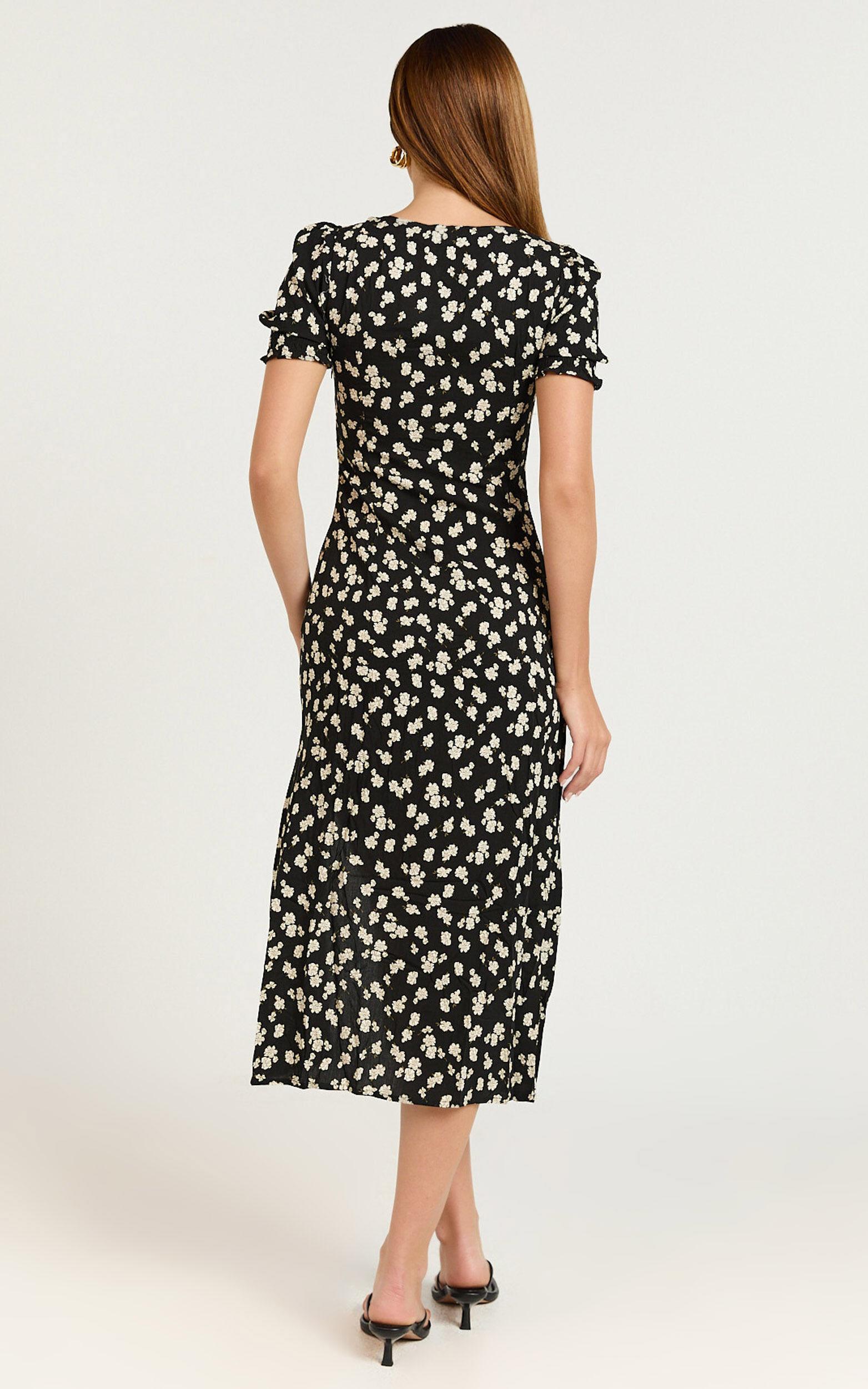 Marcel Midi Dress - Sweetheart Puff Sleeve Thigh Split Dress in Black Wildflower Product Image