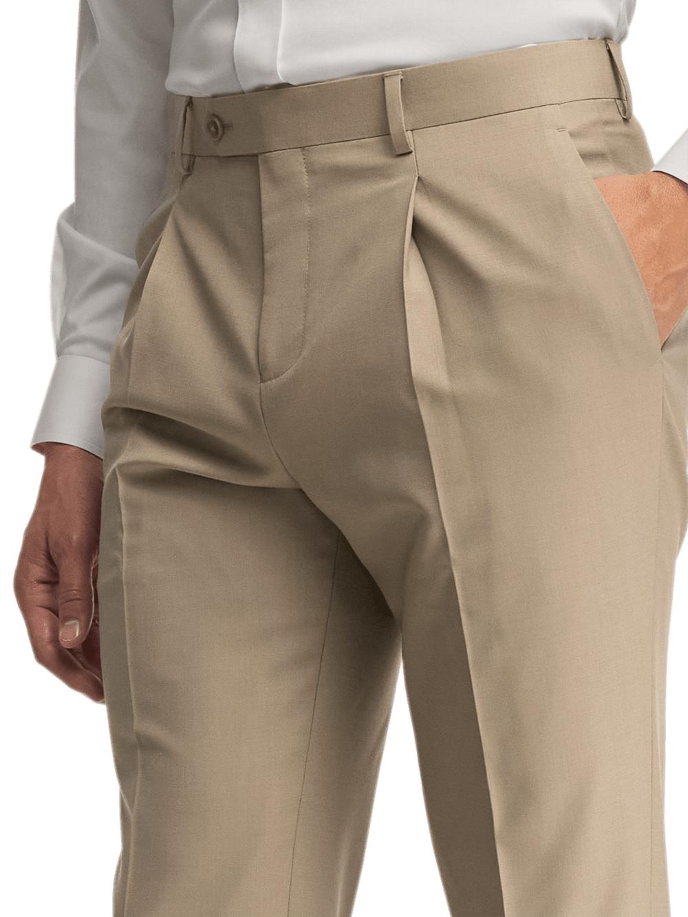 Wool Stretch Bengaline Pleated Suit Pants - Light Tan Product Image