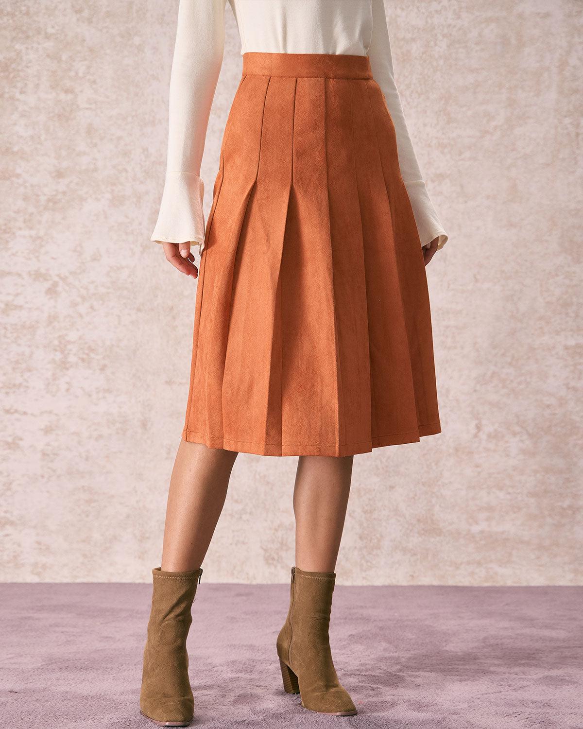 The Orange High Waisted Suede Midi Skirt Product Image