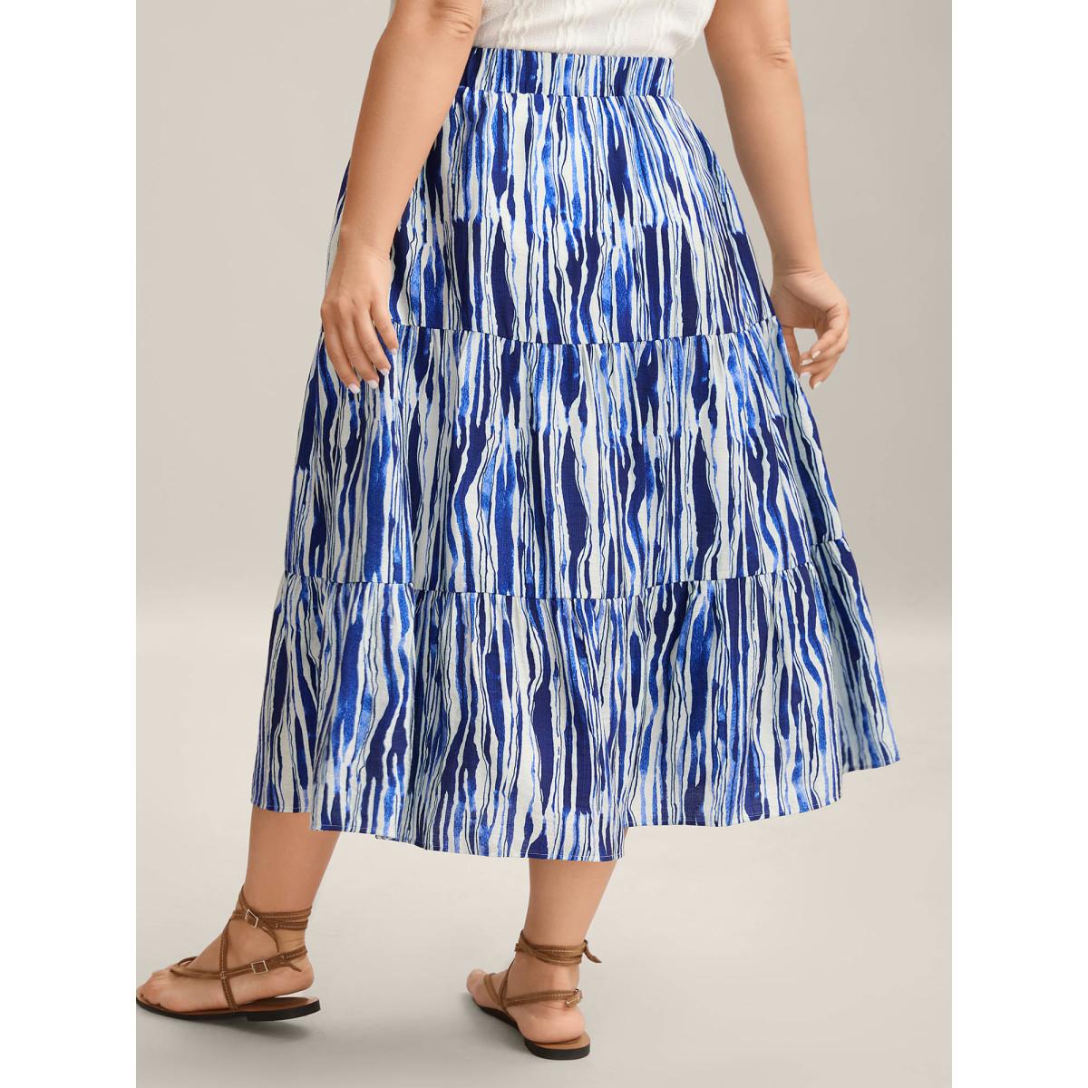 Plus Size Nautical Stripes Belted Tiered Maxi Skirt Women Navy Loose No stretch Side seam pocket Belt Vacation Skirts BloomChic 30/6X Product Image