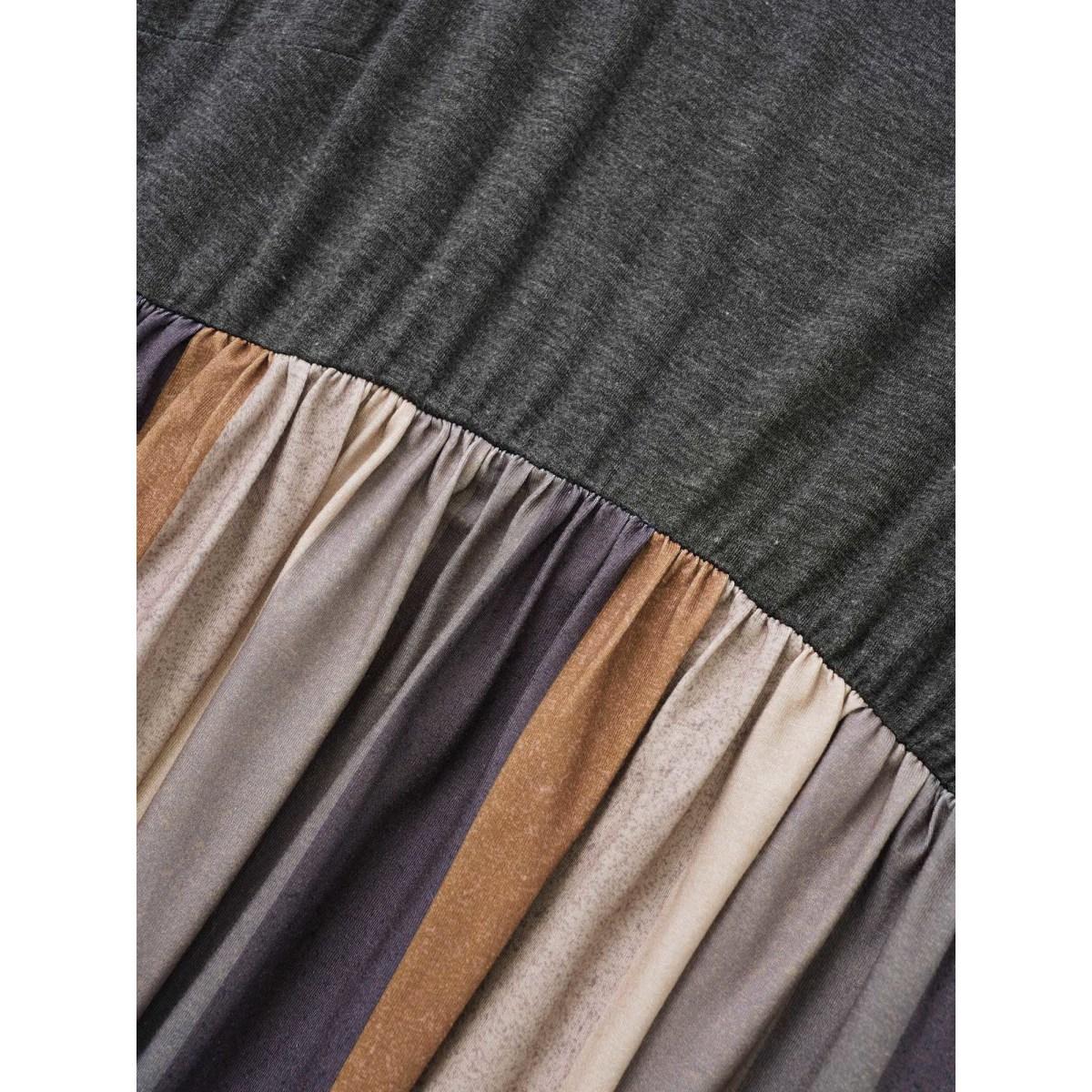 Plus Size Solid Patchwork Pocket Striped Flutter Hem Dress DimGray Women Leisure Non Round Neck Elbow-length sleeve Curvy Midi Dress BloomChic 10/M Product Image