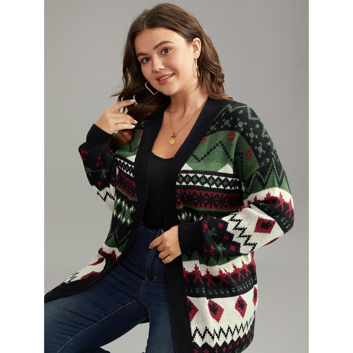 Plus Size Christmas Graphic Open Front Tunic Cardigan Multicolor Women Casual Loose Long Sleeve Dailywear Cardigans BloomChic 26/4X Product Image