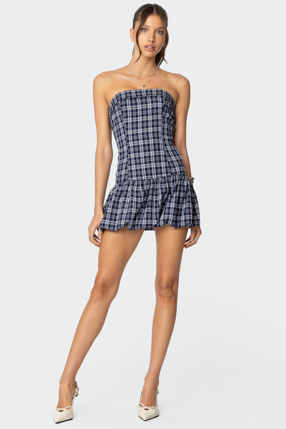 Plaid Strapless Bubble Mini Dress Product Image