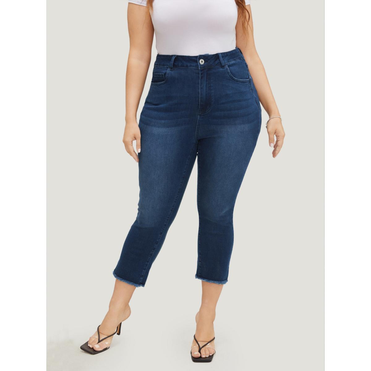 Plus Size Very Stretchy High Rise Dark Wash Raw Hem Cropped Jeans Women DarkBlue Casual Plain High stretch Pocket Jeans BloomChic 10/M Product Image