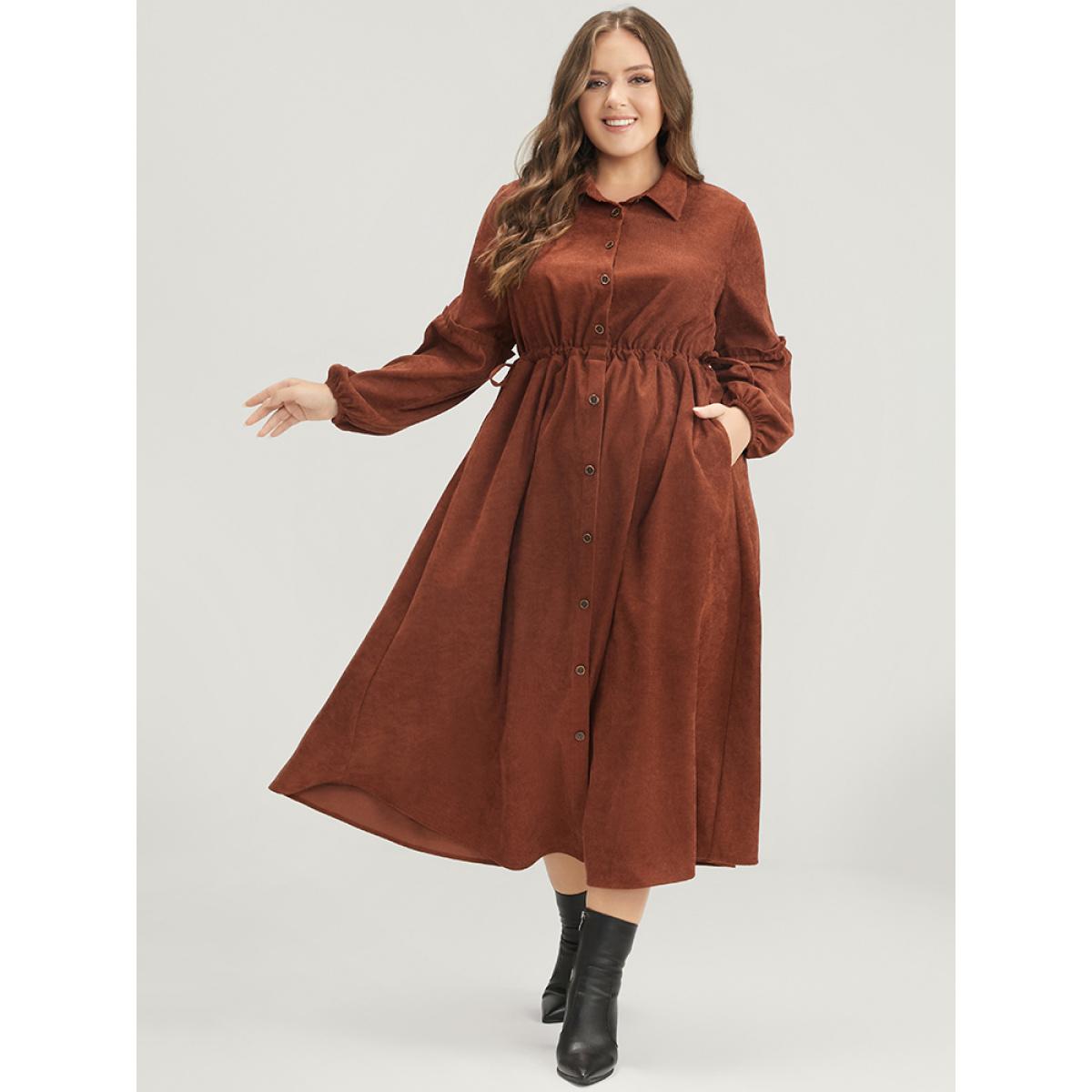 Plus Size Solid Drawstring Pocket Button Detail Shirt Collar Corduroy Dress Brown Women Office Drawstring Shirt collar Long Sleeve Curvy Midi Dress BloomChic 22-24/3X Product Image