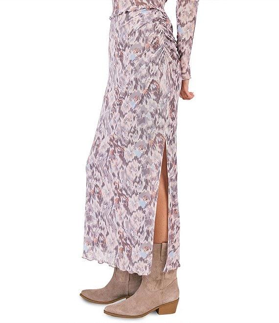 Sage The Label Mesh Abstract Print Side Ruched Pull-On Midi Skirt Product Image
