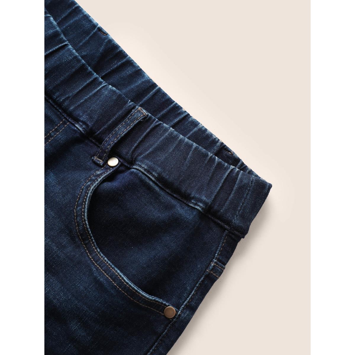 Plus Size Dark Wash Elastic Waist Roll Hem Jeans Women Midnight Casual Roll Hem High stretch Slanted pocket Jeans BloomChic 30/6X Product Image