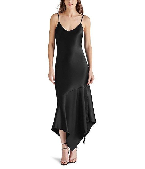 Steve Madden Lucille V-Neck Sleeveless Asymmetrical Hem Satin Midi Dress Product Image
