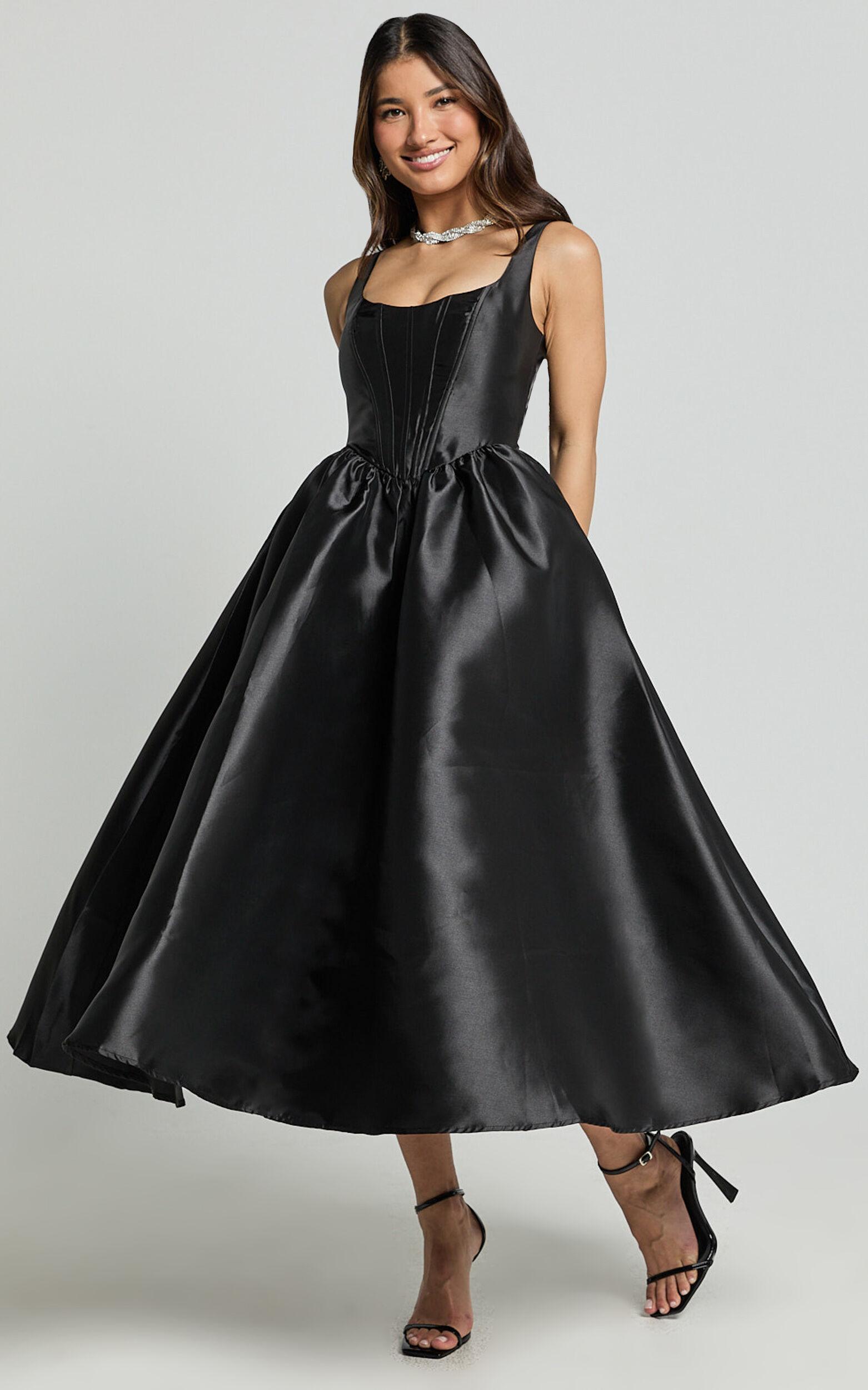 Courtney Midi Dress - Corset Panel Low Back Dress in Black Product Image