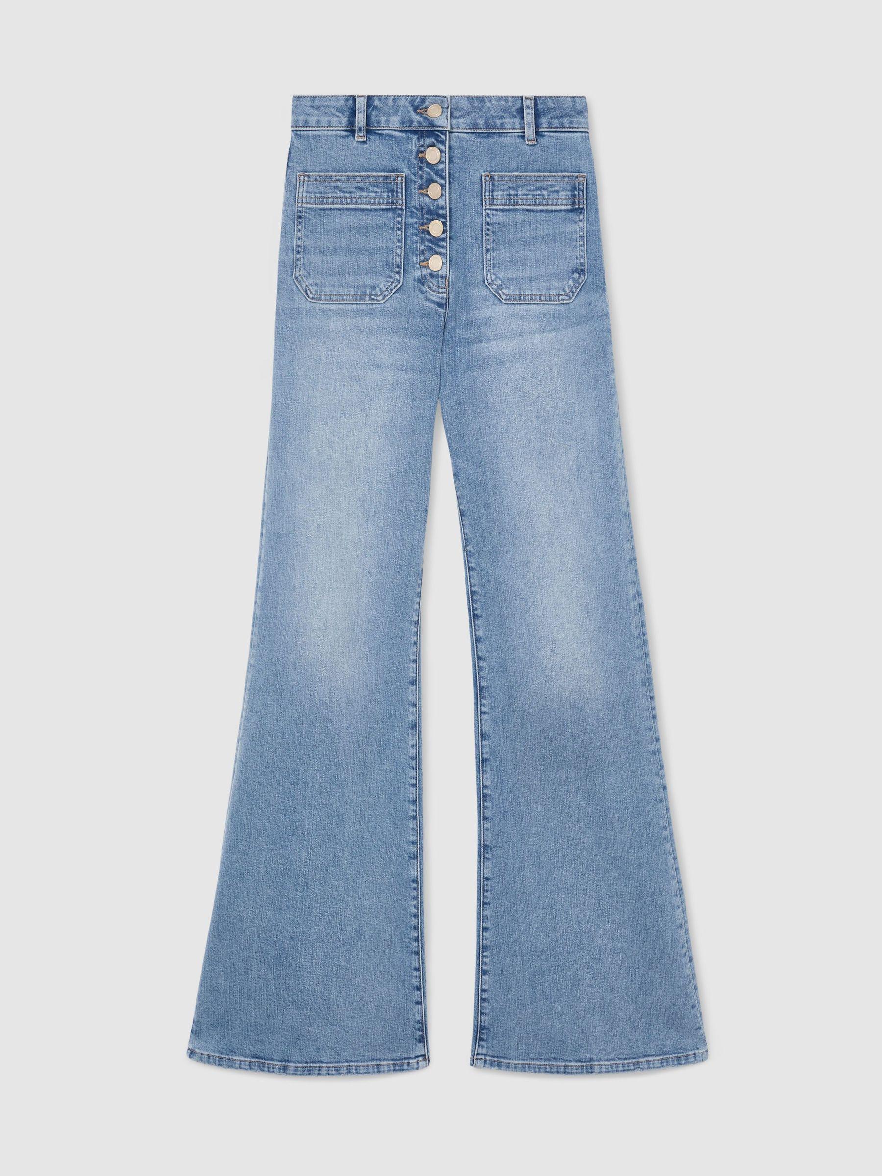 Twin-Pocket Button Flared Jeans in Light Blue Product Image