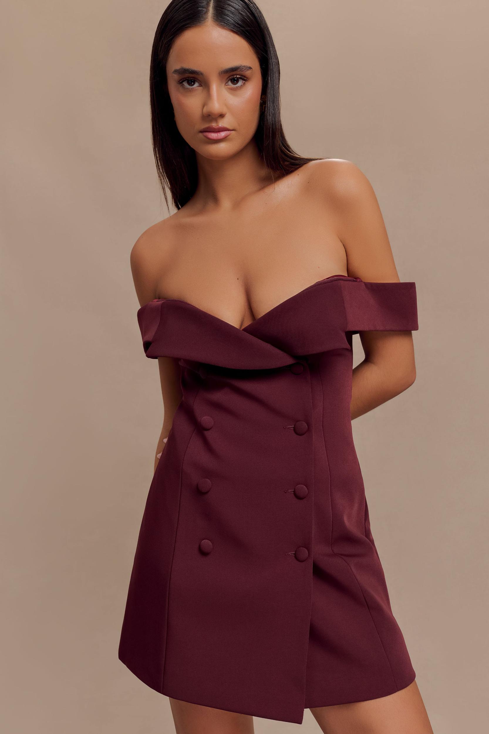 Noelle Off Shoulder Suiting Mini Dress - Mahogany Product Image