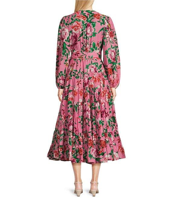 Gibson & Latimer Woven Floral Print Poplin V-Neck Long Blouson Sleeve Tie at Side Wrap A-Line Flounce Midi Dress Product Image
