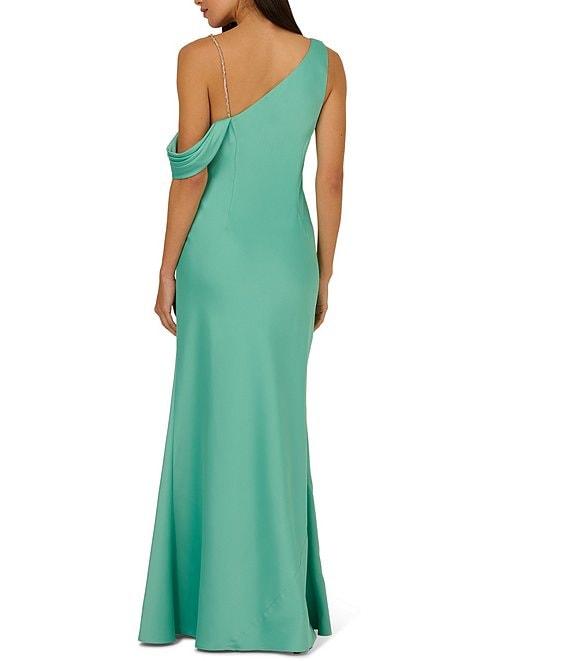 Adrianna Papell Stretch Satin Asymmetrical One Shoulder Neck Rhinestone Strap Pleated Sheath Dress Product Image