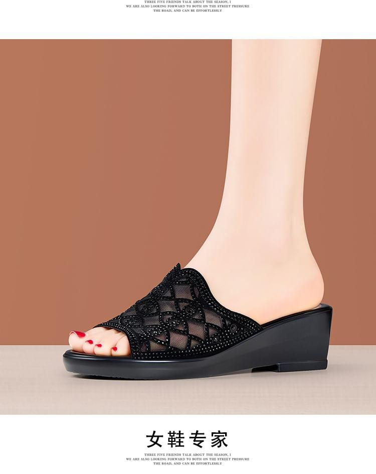 Rhinestone Eye Mesh Wedge Slide Sandals Product Image