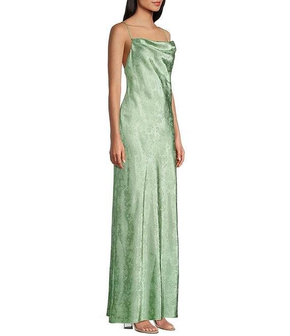 B. Darlin Floral Satin Jacquard Cowl Neck Spaghetti Strap Crisscross Back A-Line Dress Product Image