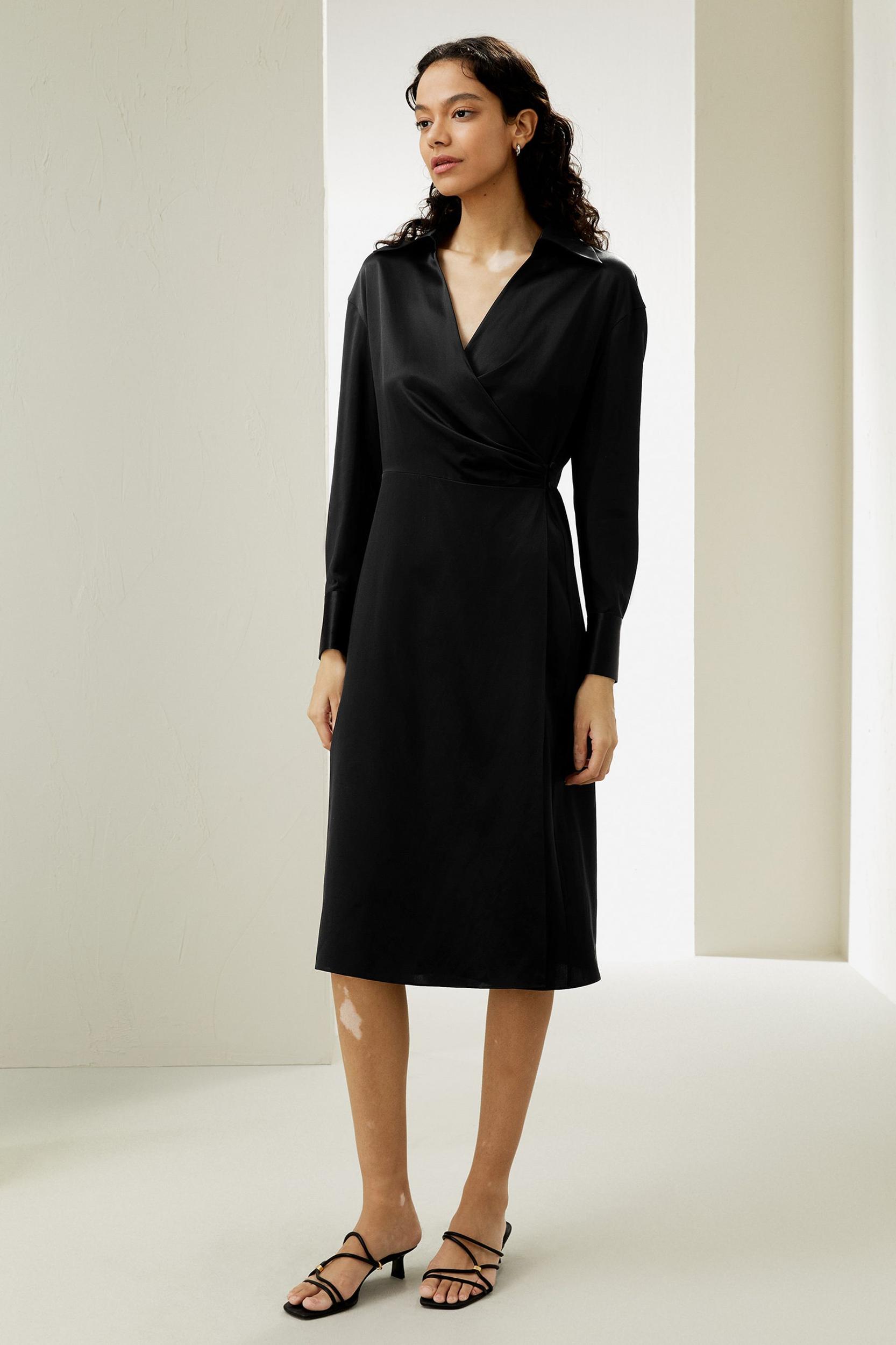 Collared Silk Wrap Dress Product Image