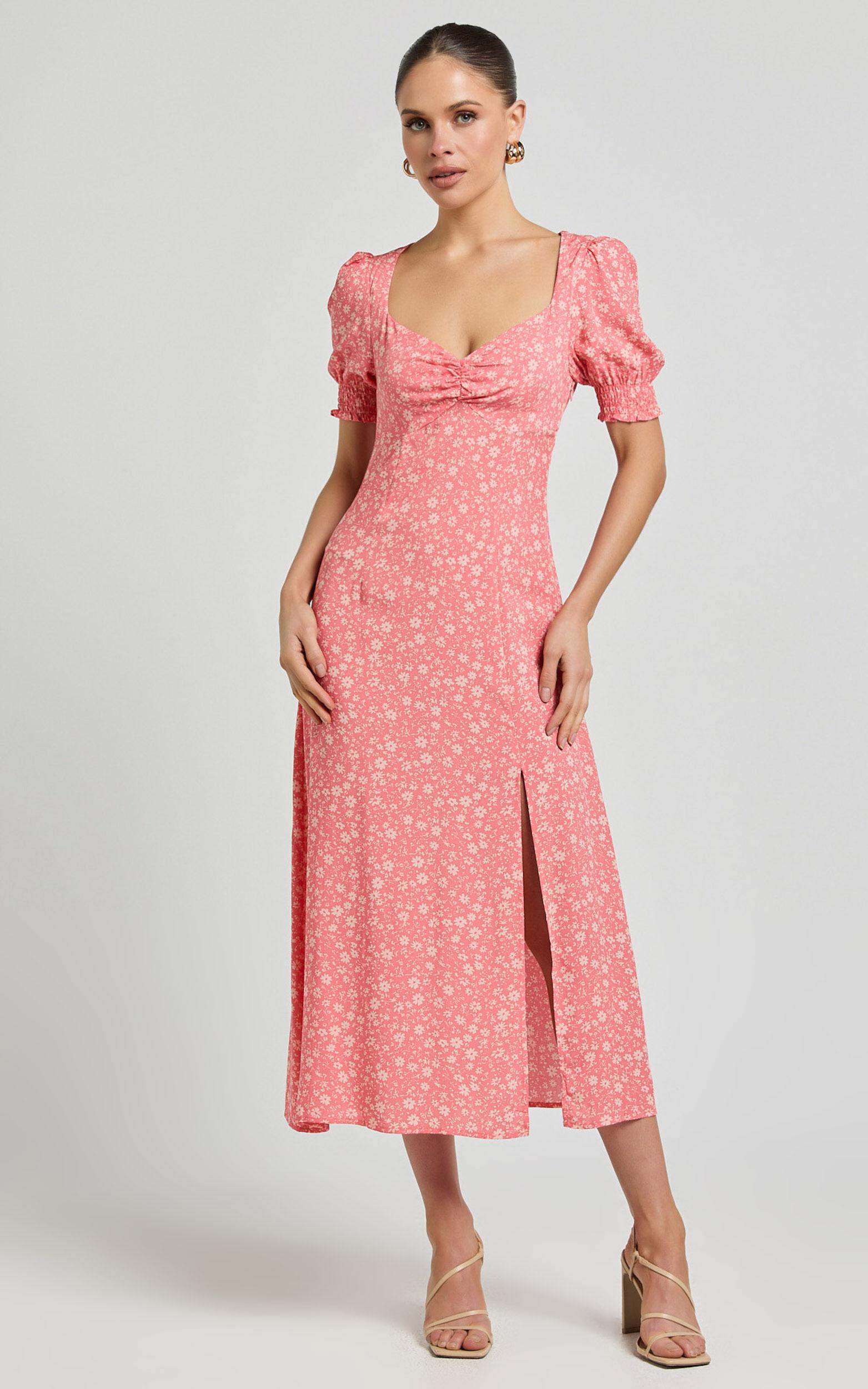 Marcel Midi Dress - Sweetheart Puff Sleeve Thigh Split Dress in Coral Product Image