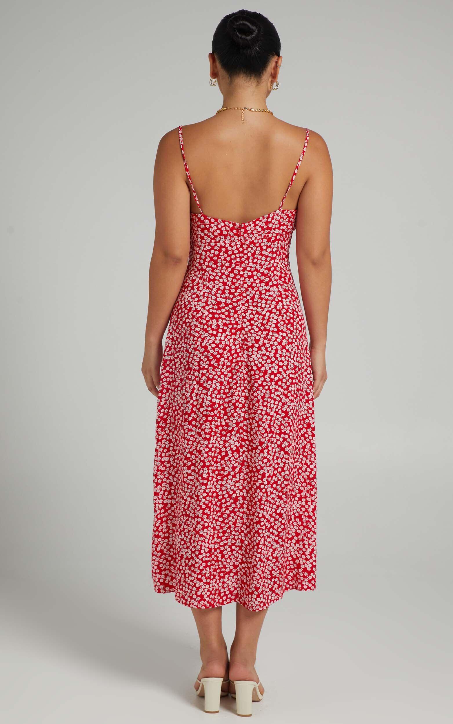 Willa Midi Dress - Ruched Bust Thigh Split Dress in Red Floral Product Image
