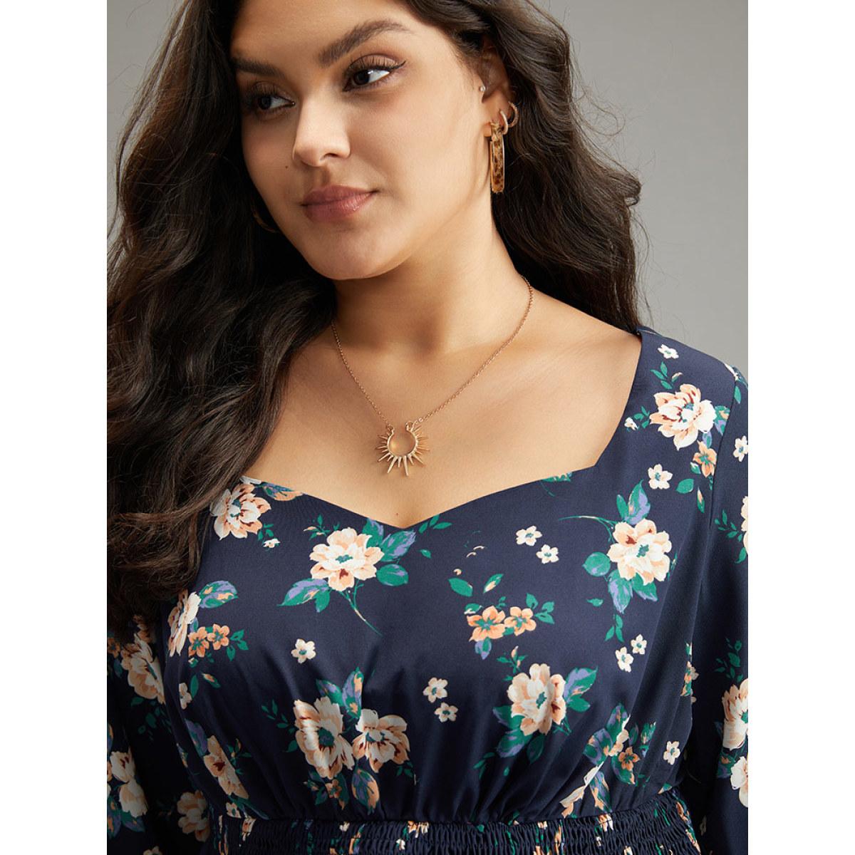 Plus Size Indigo Floral Square Neck Shirred Lantern Sleeve Blouse Women Elegant Long Sleeve Square Neck Dailywear Blouses BloomChic 28/5X Product Image