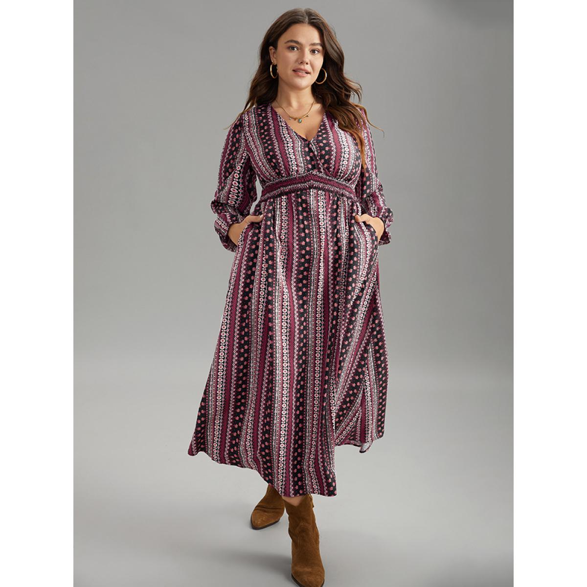 Plus Size Bandana Print Wrap Shirred Dress BlackFlower Women Resort Elastic cuffs V-neck Long Sleeve Curvy Midi Dress BloomChic 14-16/1X Product Image
