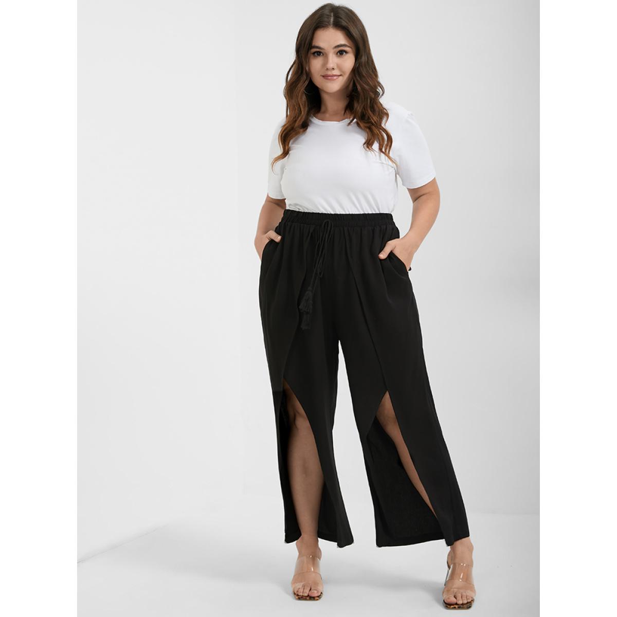 Plus Size Solid Wrap Split Pocket Knot Waist Pants Women Black Casual Wide Leg High Rise Dailywear Pants BloomChic 10/M Product Image