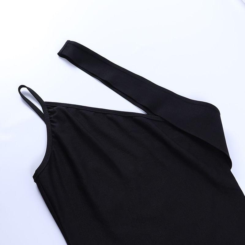 Sleeveless One-Shoulder Plain Asymmetrical Mini Bodycon Dress Product Image