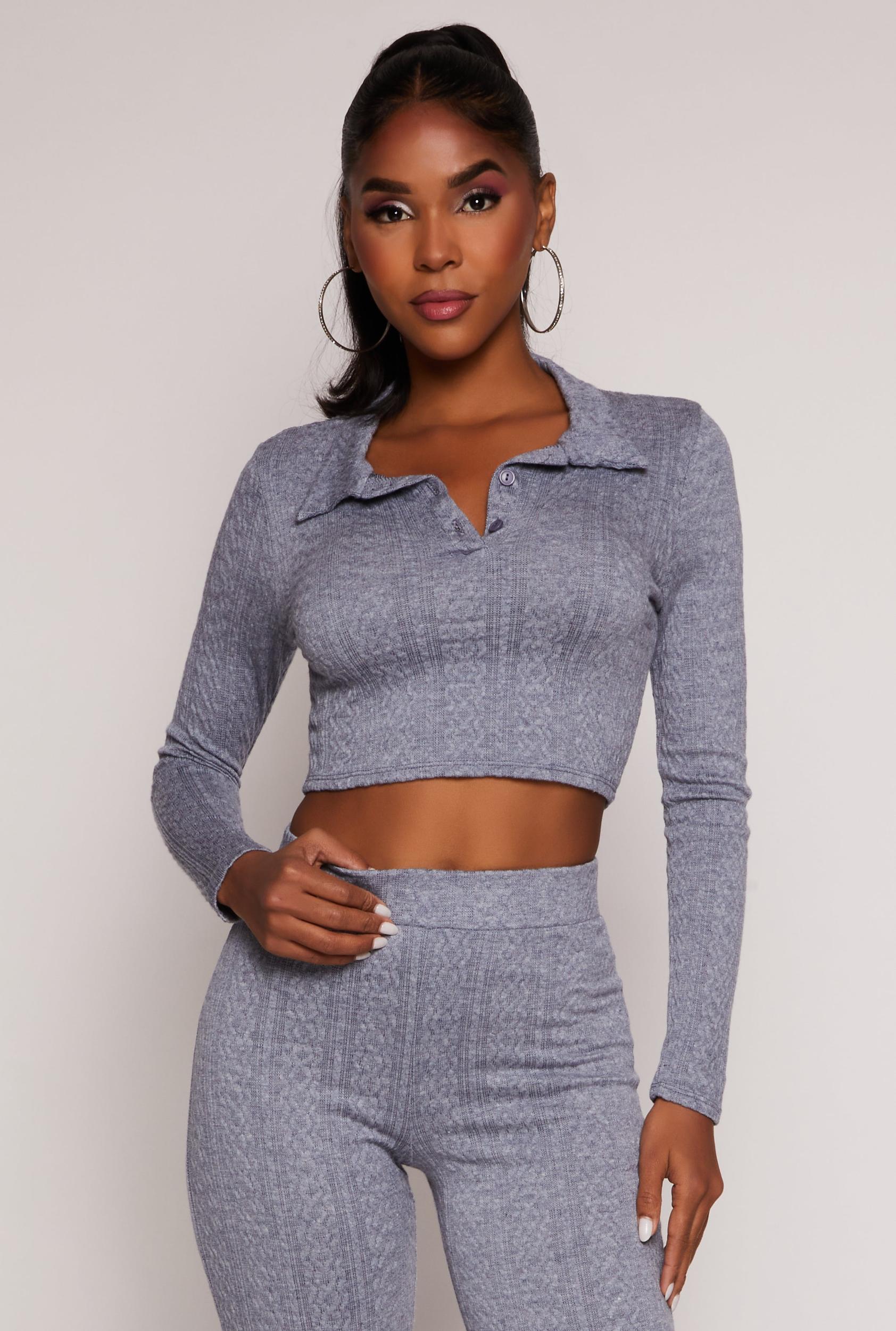 Womens Textured Knit Long Sleeve Crop Top Product Image