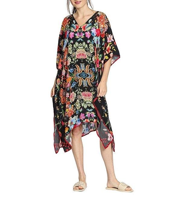 APNY Woven Floral Print V-Neck Short Sleeve Handkerchief Hem Kaftan Dress Product Image