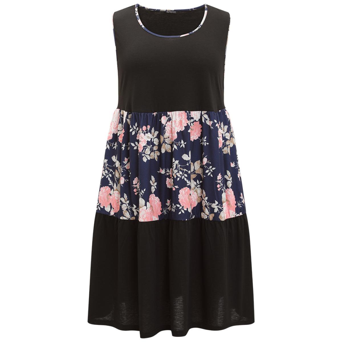 Plus Size Supersoft Essentials Floral Print Patchwork Pocket Tank Dress Black Women Casual Plain Round Neck Sleeveless Curvy Midi Dress BloomChic 26/4X Product Image