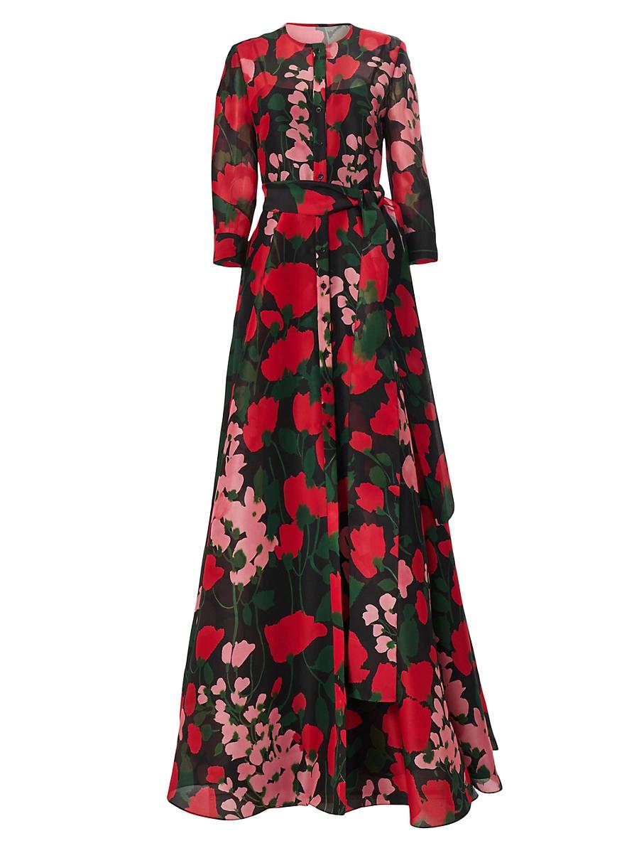 Womens Floral Silk Belted Trench Gown Product Image