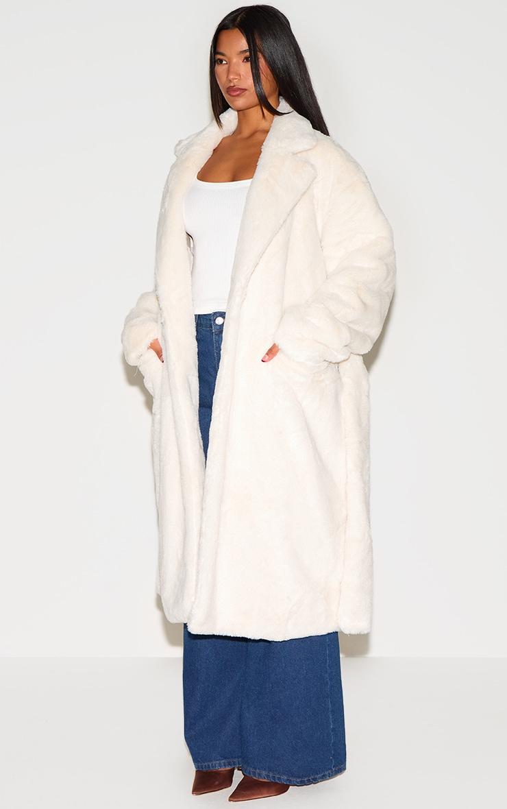 Cream Faux Fur Self Tie Oversized Coat Product Image