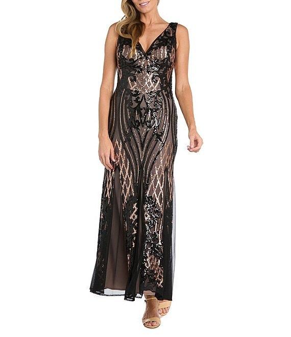 R & M Richards V Neck Sleeveless Godet Skirt 2 Tone Sequin Gown Product Image