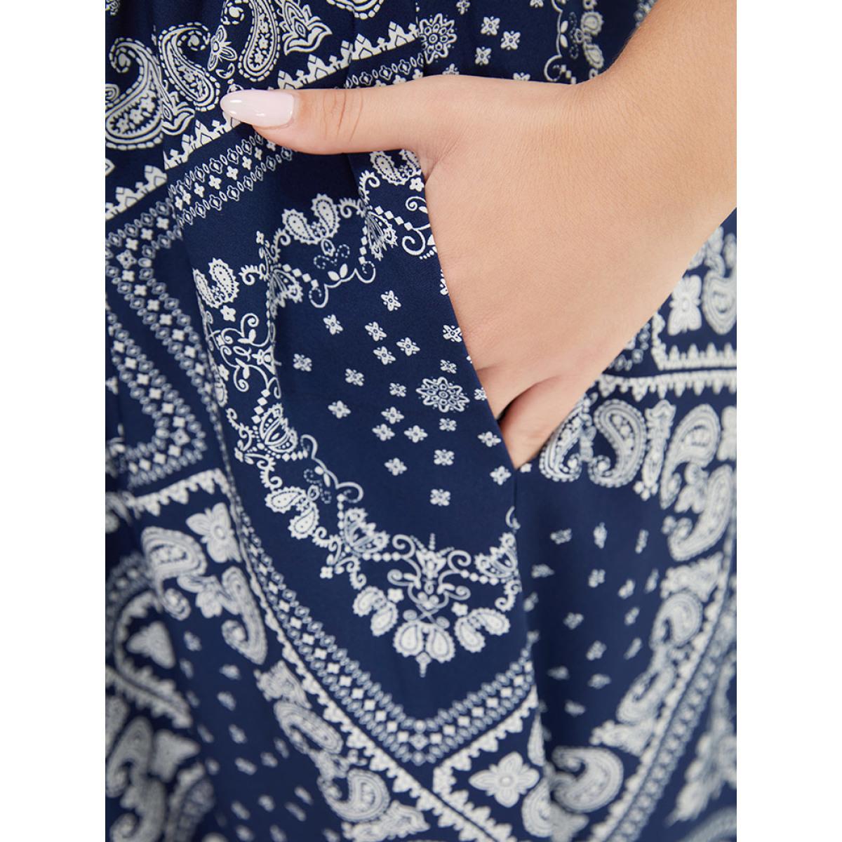 Plus Size Paisley & Moroccan Print Pocket Shirred Square Neck Split Dress DarkBlue Women Vacation Slit One-shoulder neck Short sleeve Curvy Midi Dress BloomChic 30/6X Product Image