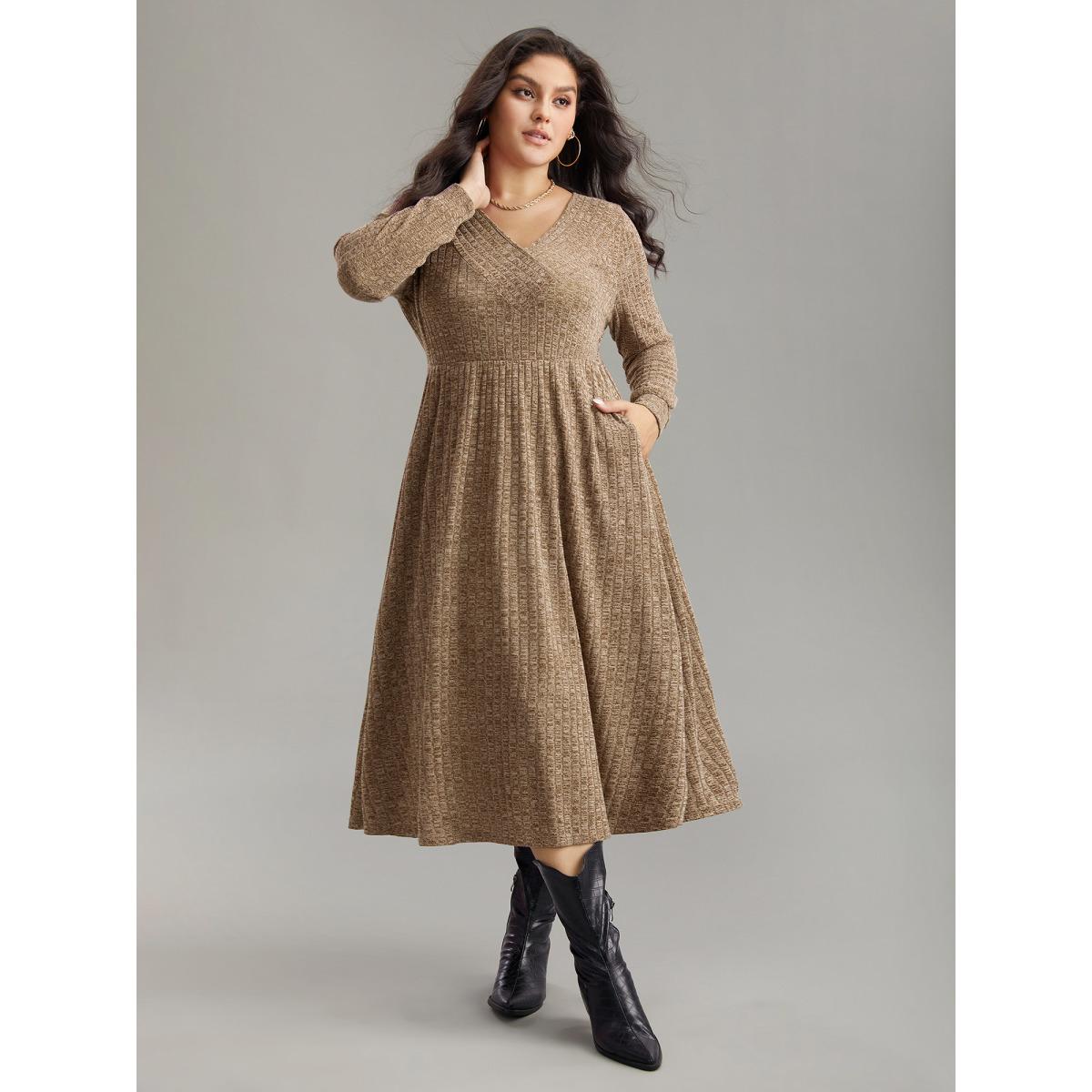Plus Size Rib Knit Plain Plisse Long Sleeve Dress Yellowishbrown Women Casual Rib Knit V-neck Long Sleeve Curvy Midi Dress BloomChic 22-24/3X Product Image