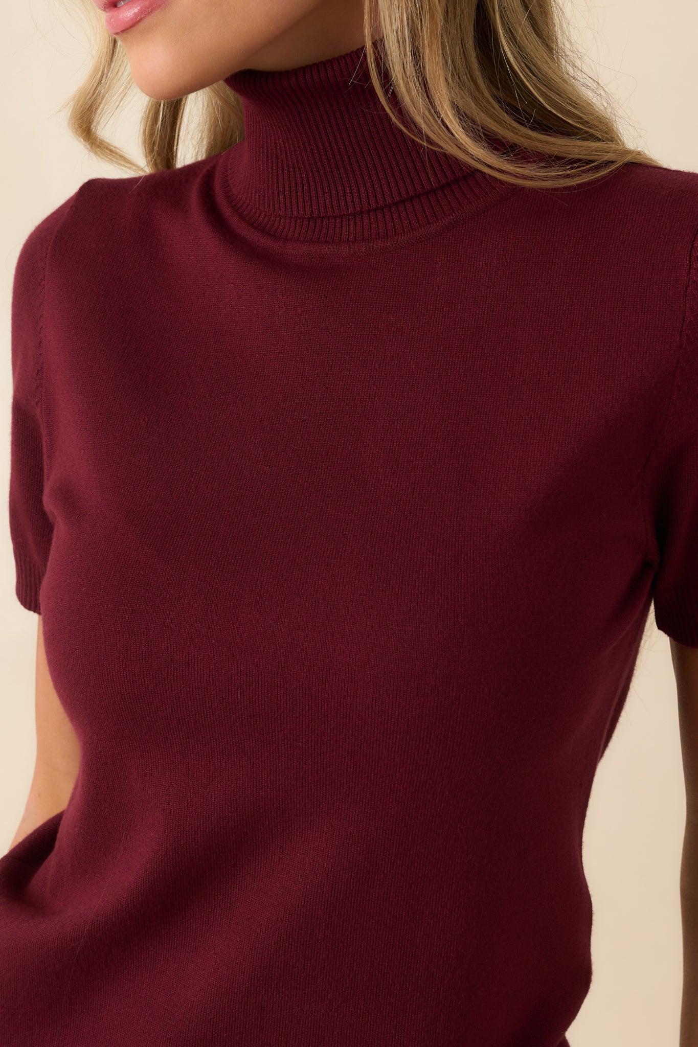 In Just A Minute Wine Ribbed Turtleneck Short Sleeve Sweater Product Image