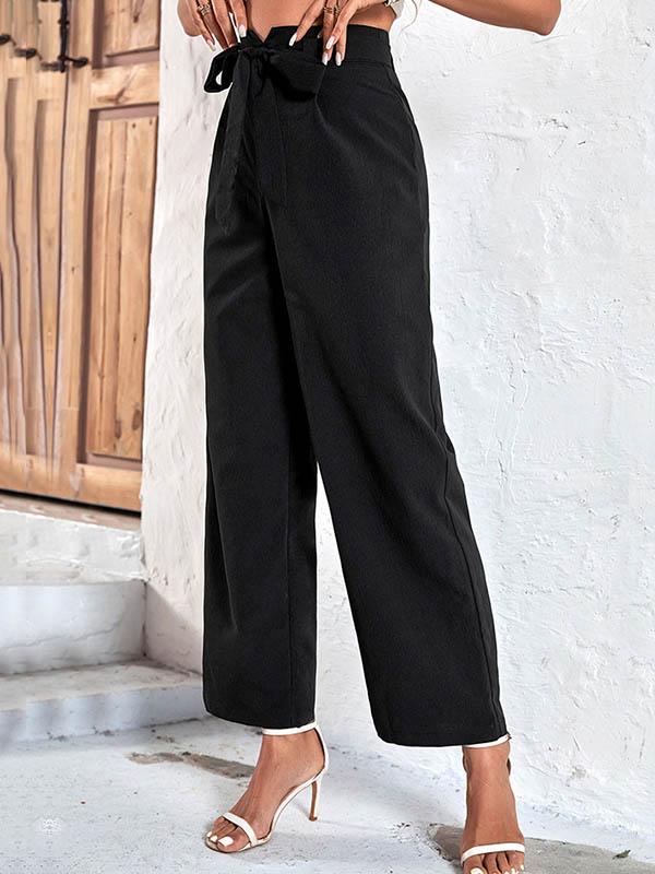 High Waisted Wide Leg Ribbed Solid Color Casual Pants Bottoms Product Image