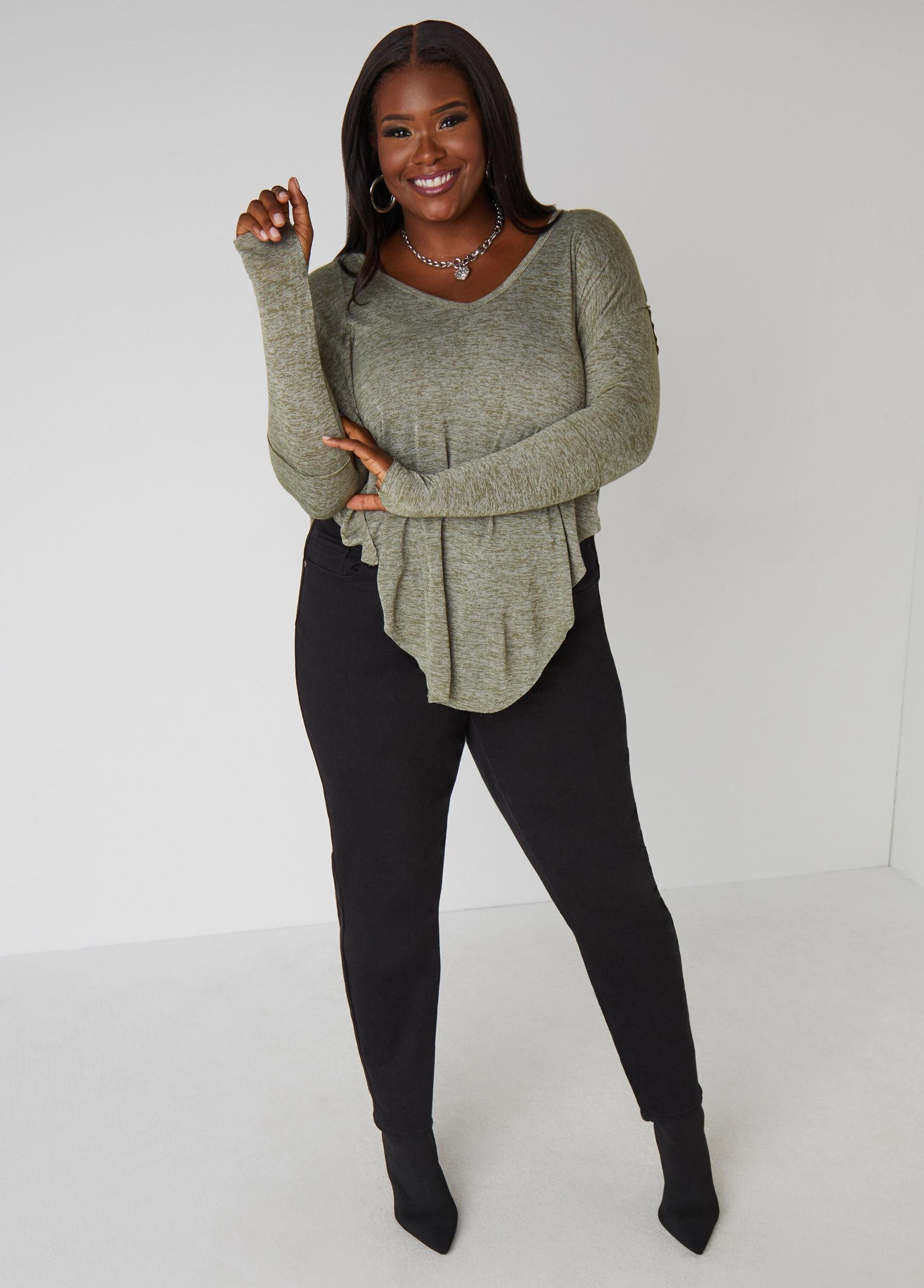 Plus Size Slub Knit V Neck Top Ashley Stewart Product Image