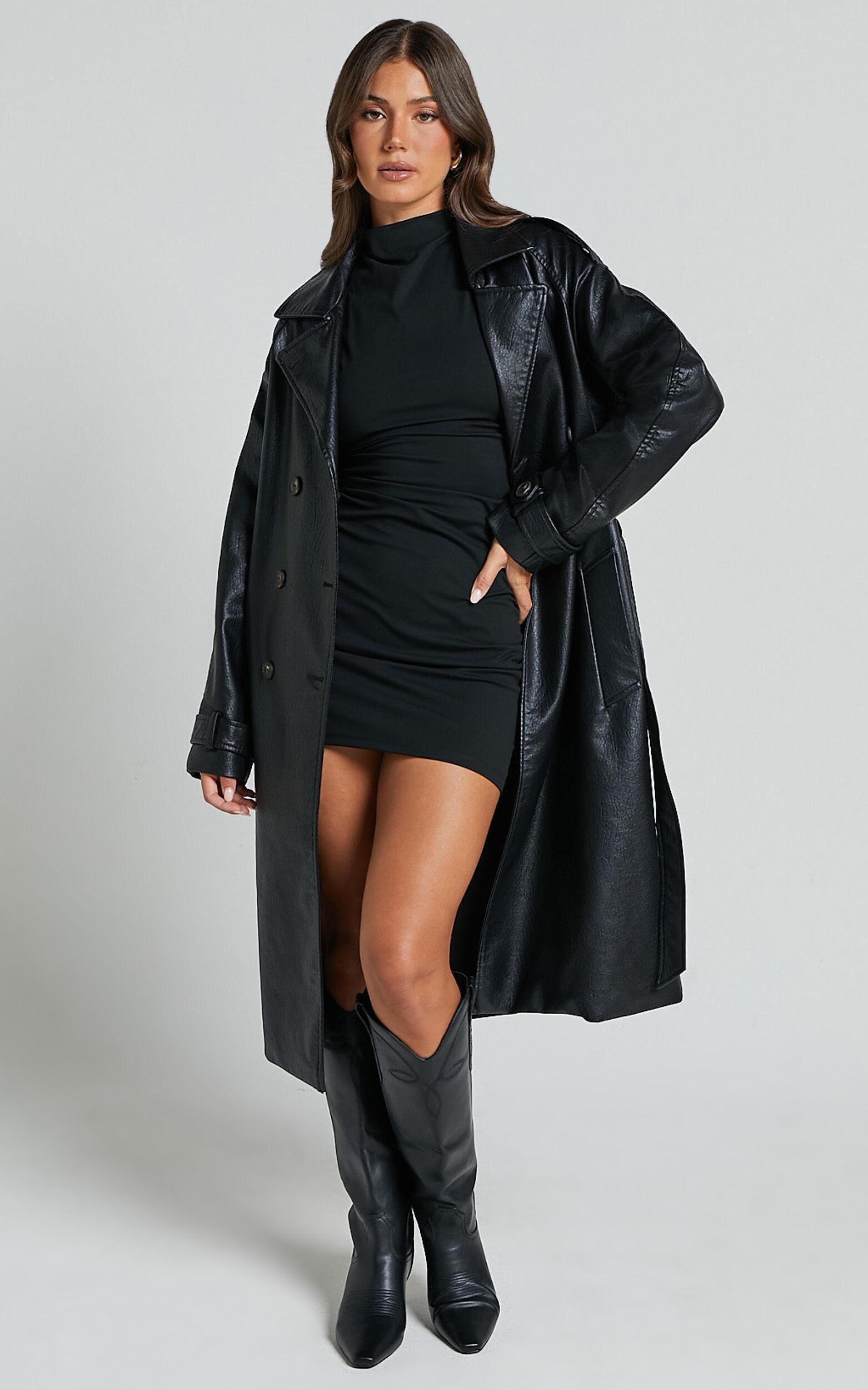 Vicki Trench Coat - Faux Leather Washed Trench Coat in Black Product Image